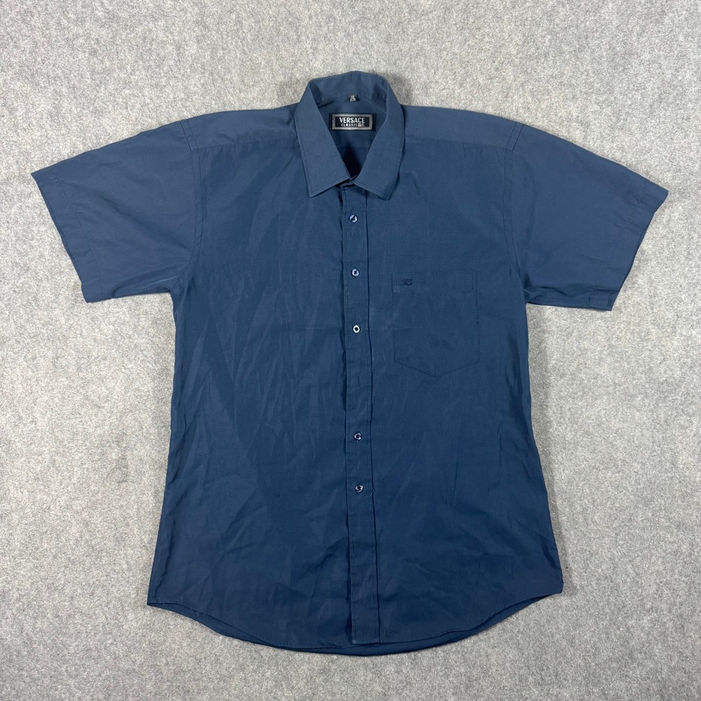 Versace Classic V2 Shirt Mens 15.5 Blue Short Sleeve Button Down Logo Pocket VTG